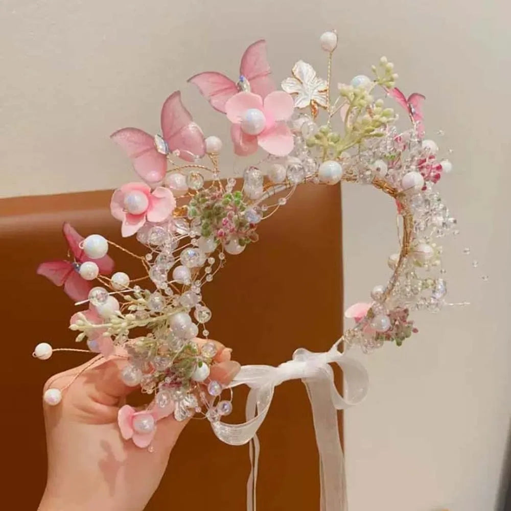 Butterfly Fairy Hair Hoop Beads Simulation Flower Flower Headdress Hair Ornaments Adjustable Wreath Headband