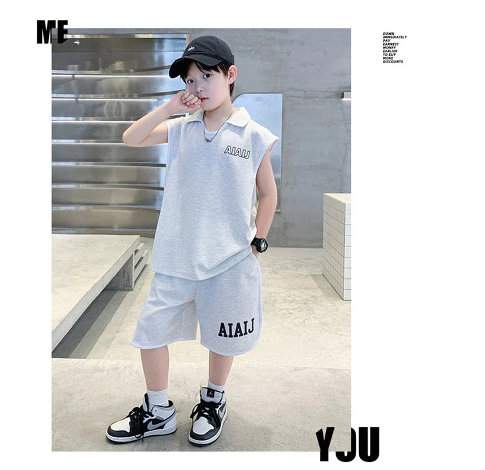 Boys Clothing Set American Style Children Vintage Vest Casual Sport Loose Pullover Sleeveless T-shirt Top Shorts Two-piece Set