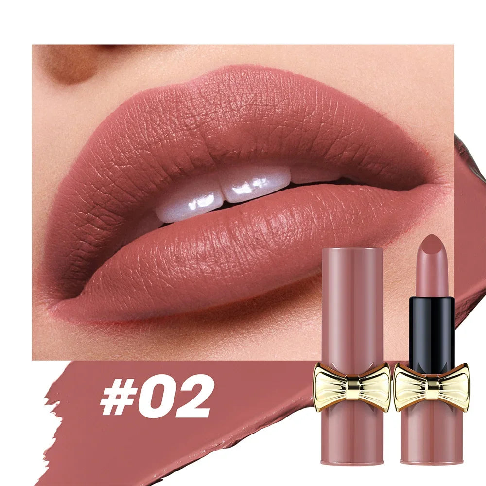 Bowknot Lipstick Matte Velvet Nude Lipstick Brightly Coloured Lip Tint Balm Non-stick Cup Smooth Sexy Red Pink Lip Glaze Makeup