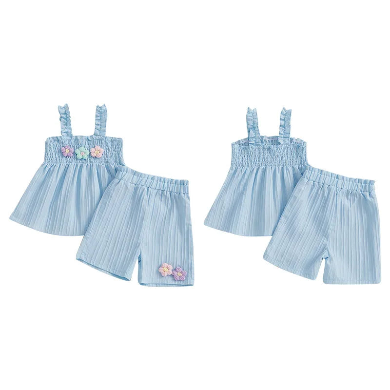 0-4years Baby Girl Summer Outfit 3D Flower Design Ruffled Trim Smocked Sleeveless Tops and Shorts 2 Pcs Set for Toddler girls