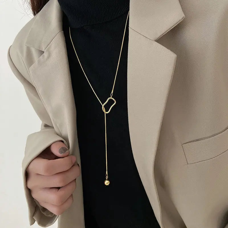 Long Chain Necklace for Woman Geometric Hollow Pendant Sweater Chains Gold Color Silver Color Trendy Necklaces Simple Jewelry
