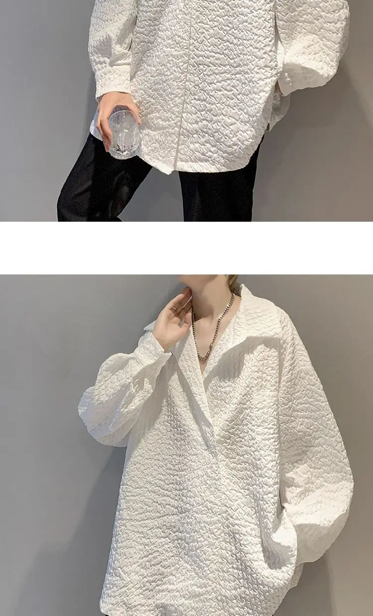 Men's White Textured Oversized Long Sleeve Shirt Loose Casual Wrinkle Fabric Button Down Blouse Fashion Streetwear Tops