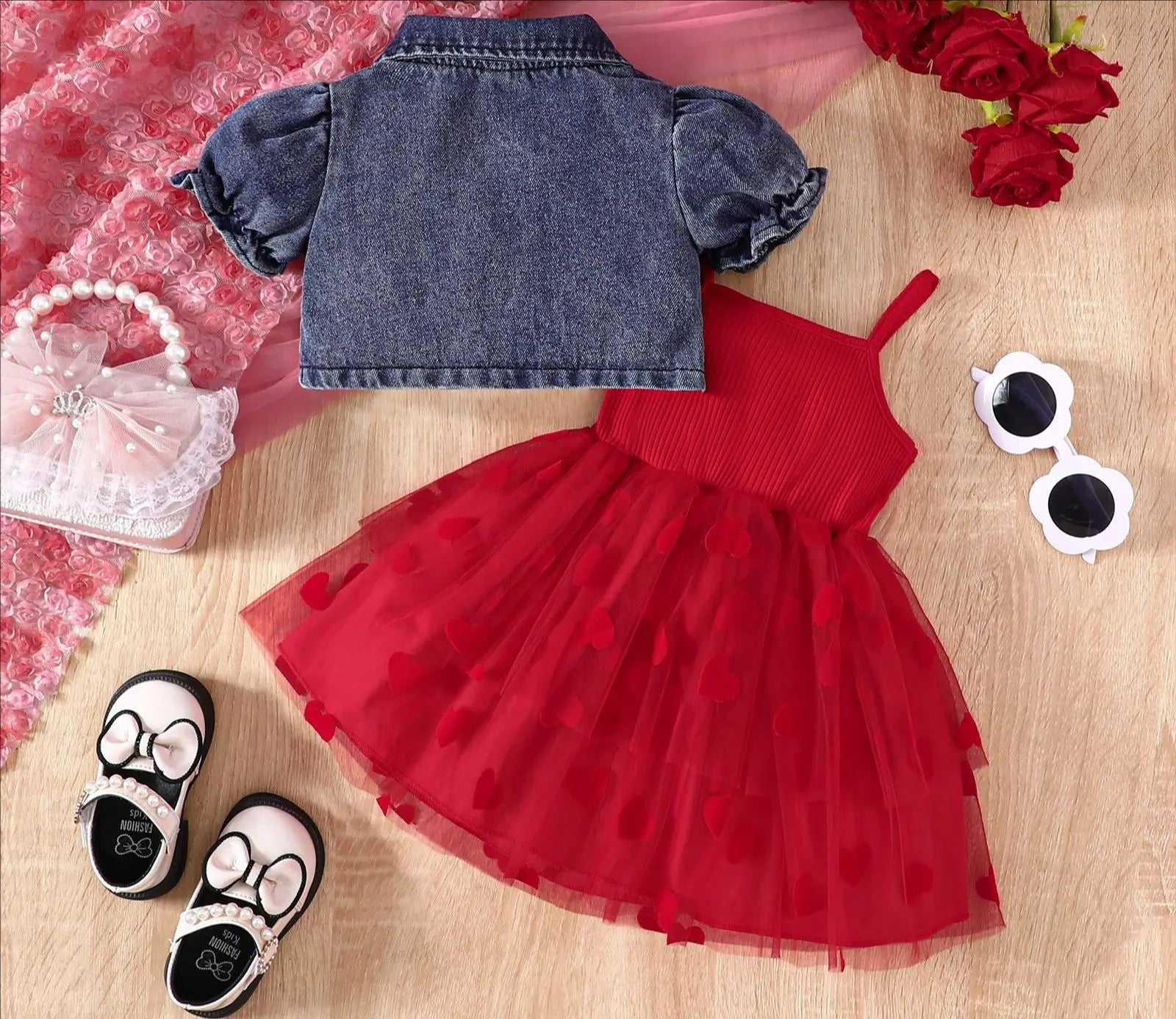 Summer 0-6Y Kids Clothes Girls Denim Collar Short Jacket 2pcs Set Sling Dress Bowknot Tulle Puff Skirt Girl Outfit