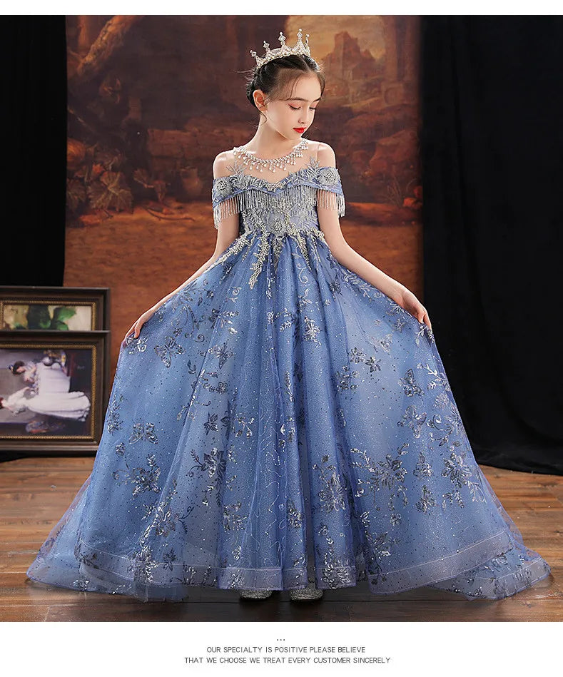 Girl Elegant Off Shoulder Dress Fashion Runway Show Luxurious Princess Dresses for Girls Birthday Party Long Kids Vestidos (Available)