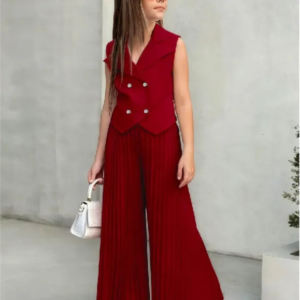 2025 Little Girls 2-Pieces Western-Style Outfit for Girls: Sleeveless Blazer Top+Wide-Leg Pleated Pants