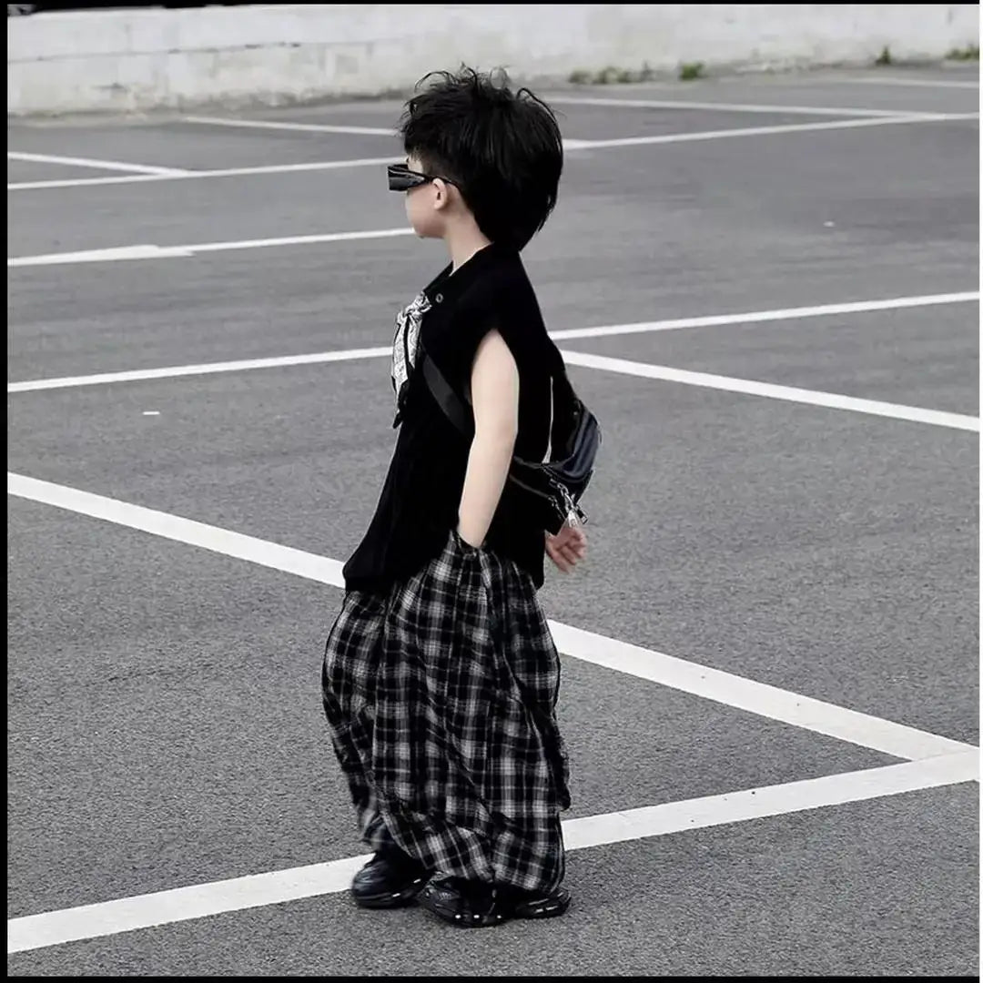 Summer Baby Boys 2Pcs Sleeveless Lapel T-shirt Top+ Thin Grid Pants Suit Children Outfit Fashion Casual Sets Handsome Clothes