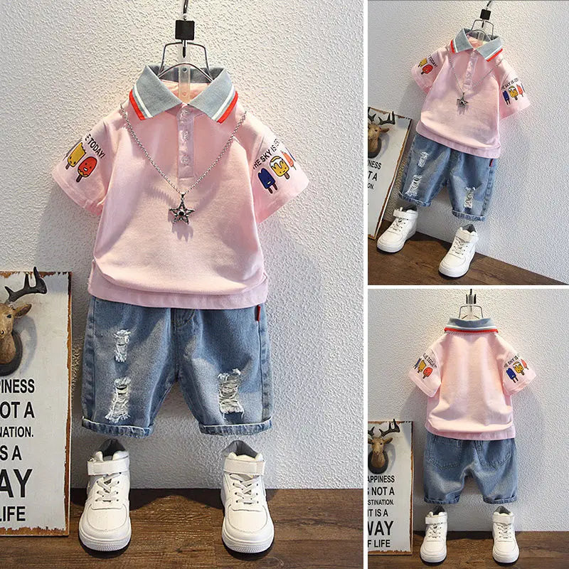 Boys 2025 Summer Outfit T-Shirt and Jeans Korean Polo Fashion 2PCS Casual Clothing Korean Reviews Top Toddler Kids Clothes Sets (Available )