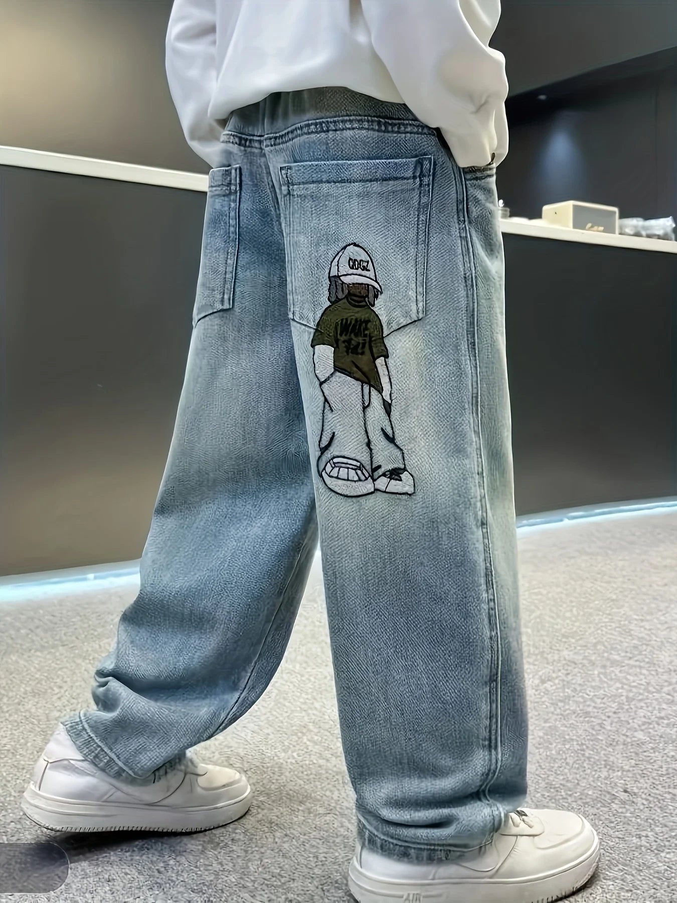 【One Pair of Pants】Boy's casual loose straight jeans, suitable for all seasons, with full elastic waistband