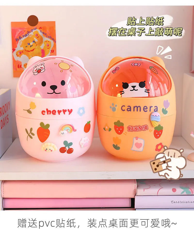 Mini Desktop Trash Can Organizer Cute Bear Multifunction Creative Cosmetic Bucket with Lid Pen Holder Kawaii Stickers Patchers