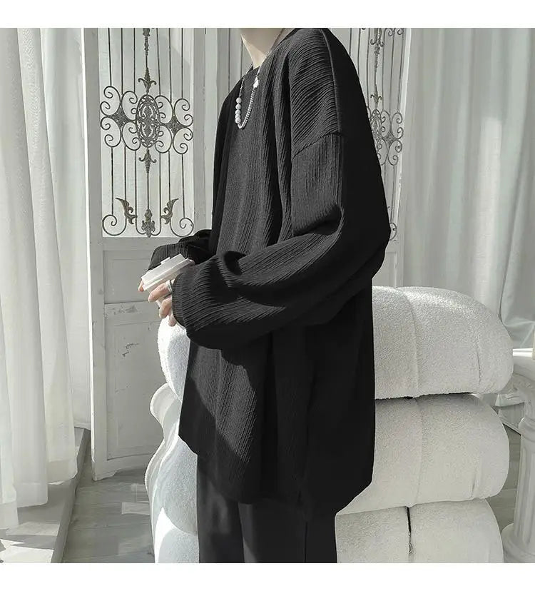Men's Long Sleeve T-Shirt - Classic Versatile Spring/Autumn New Student Korean Style Loose  Drape Trendy Niche Solid Color Top