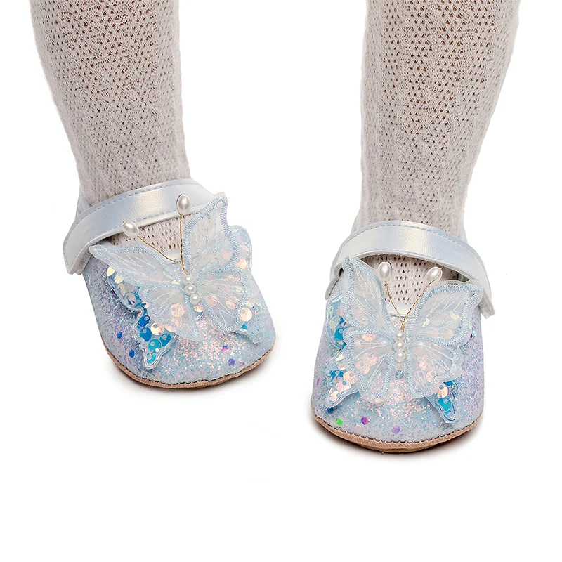 Shiny 3D Butterfly Princess Dress Shoes for Baby Girl Glitters Flats Non-Slip Crib Shoes Walking Shoes for Toddlers Infants