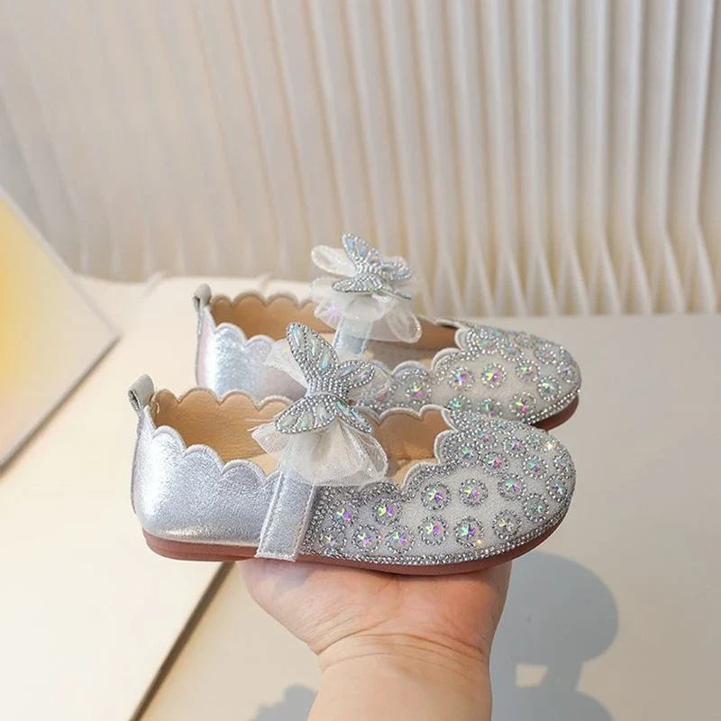 Girls Crystal Princess Footwear Comfortable Flat Sole Leather Shoes for Kids Glittering Rhinestone Design