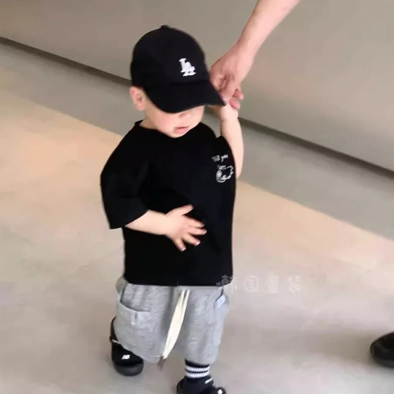 Boys' Short Sleeved Pure Cotton Base Shirt Loose Breathable Handsome Letter Button Stylish