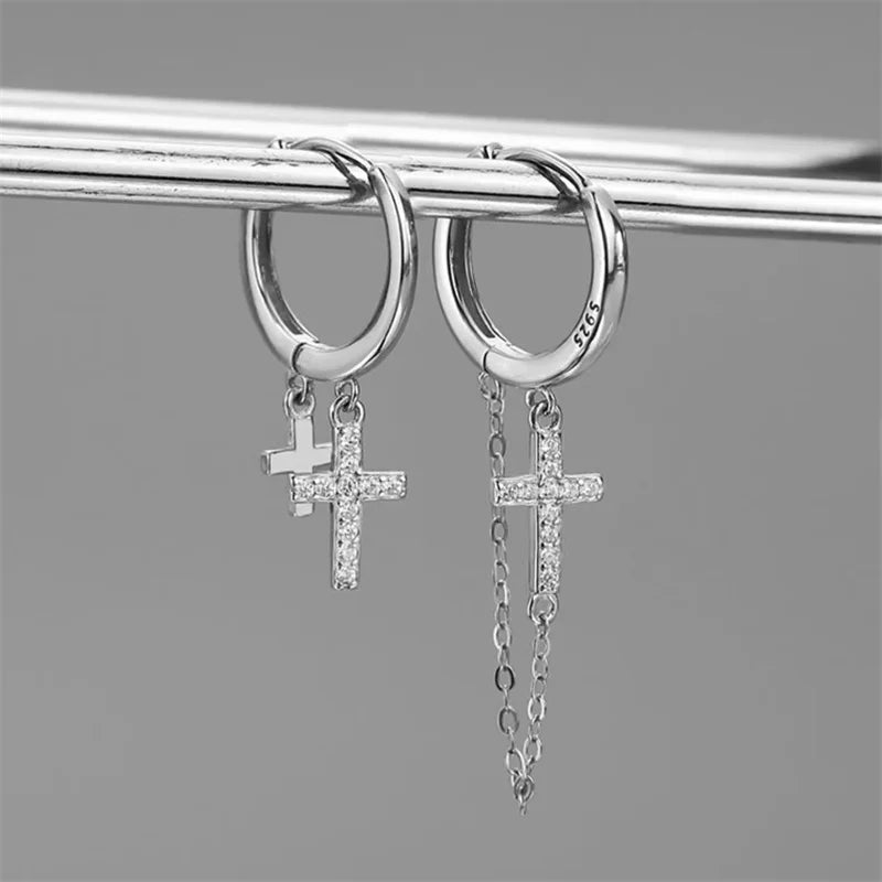 Trendy 925 Sterling Silver Earrings For Men Jewelry Classic Double Cross Drop Earrings Male Personality  Asymmetric Ear Buckle