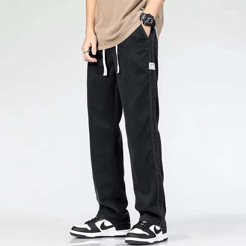 2025 New Summer Soft Lyocell Fabric Men's Jeans Thin Loose Straight Pants Drawstring Elastic Waist Korea Casual Trousers (Available)