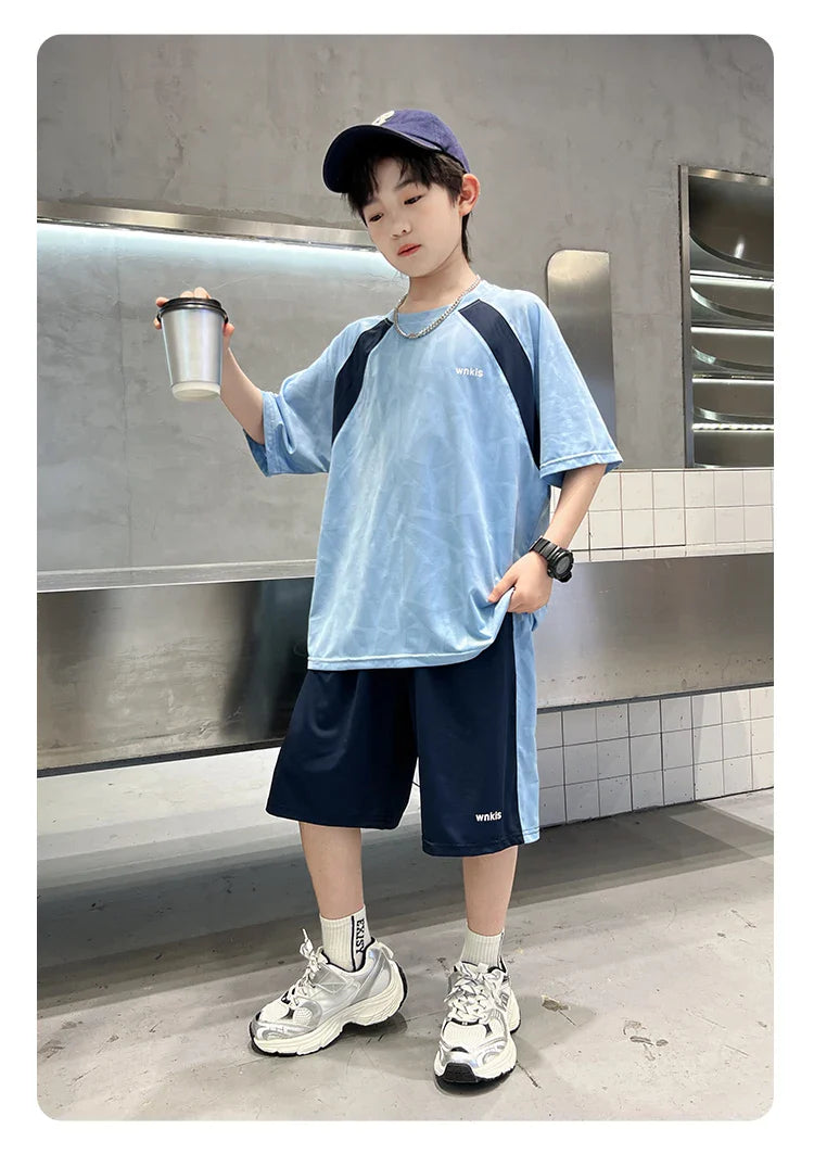 Boys Clothes Sets Summer Kids Sport Short Sleeve T-shirt + Shorts 2 Pieces Suit Teenage Child Outfits For 5 6 8 10 12 14 Years