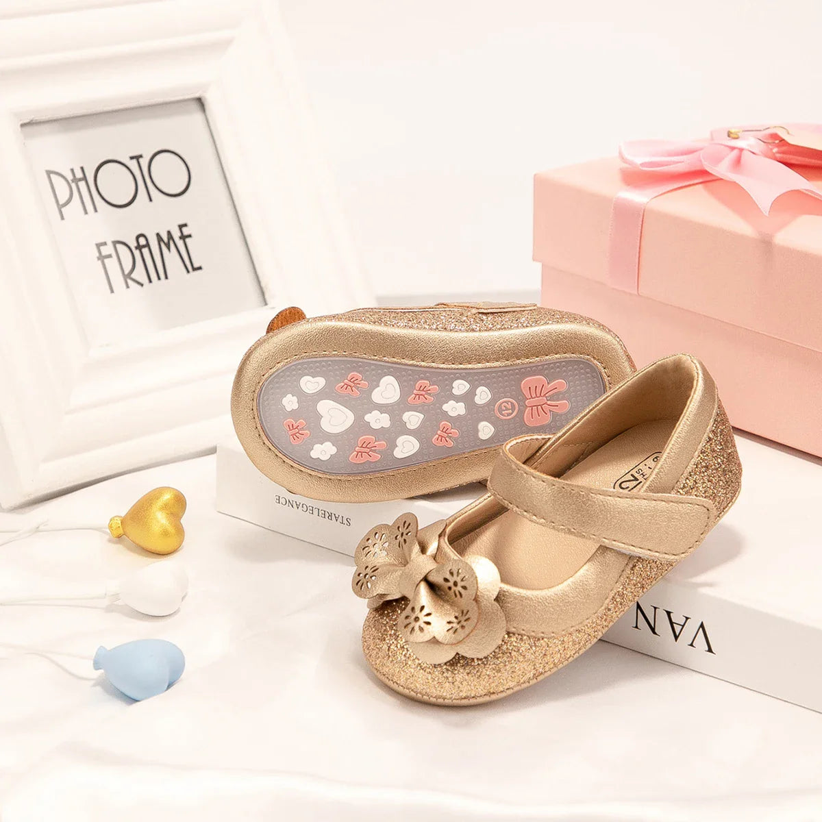Gold Tie Cute Bow Flower Baby Princess Shoes Wedding Birthday Party Non-Slip Soft Sole Baby Toddler Shoes