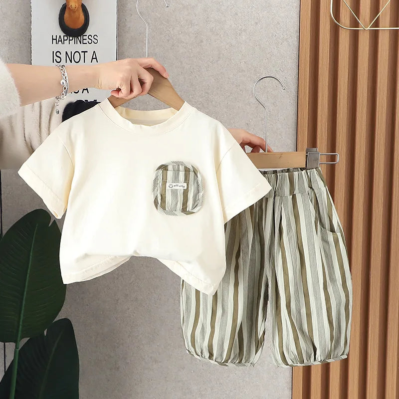 Summer Kid's Clothing Sets Boys' Short Sleeve Outfit Vertical Stripes T-shirt Pants 2Pcs Trendy Children's Costume Stylish