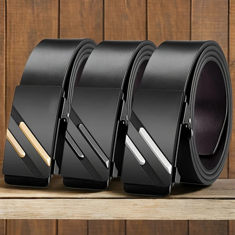 Men's belt made of synthetic leather with an automatic alloy buckle, durable and suitable for casual and semi-formal occasions.
