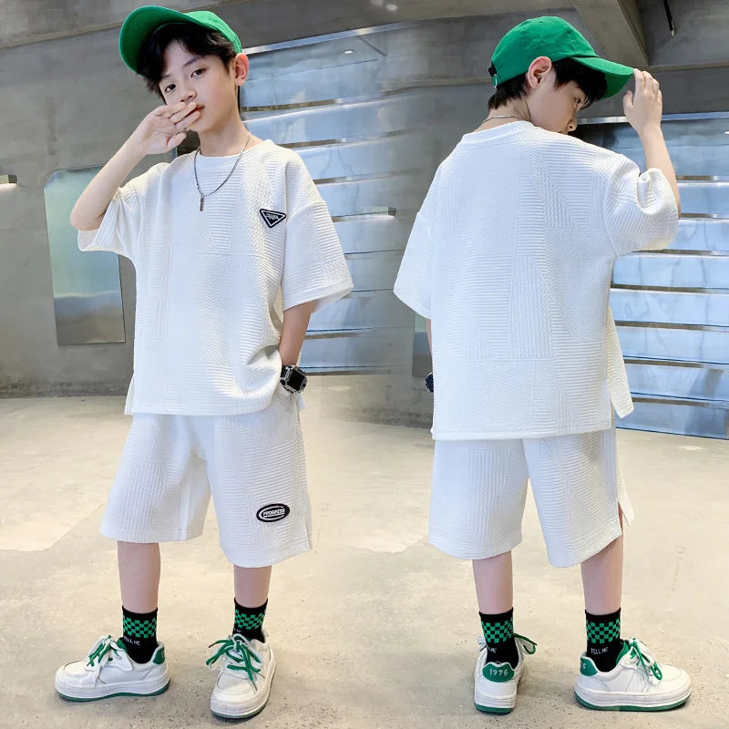 New Teenager Casual Outfits Children Trends Clothes Suits Kids Short Sleeves Tops+Baggy Pants 2Pcs