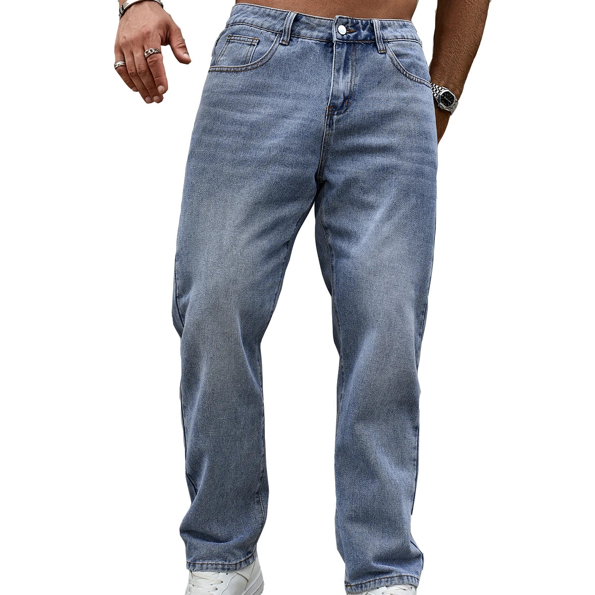 Men's Loose Fit Casual Blue Jeans Basics Versatile Style Straight Leg Denim Trousers Soft and Durable Pants for All Season Wear