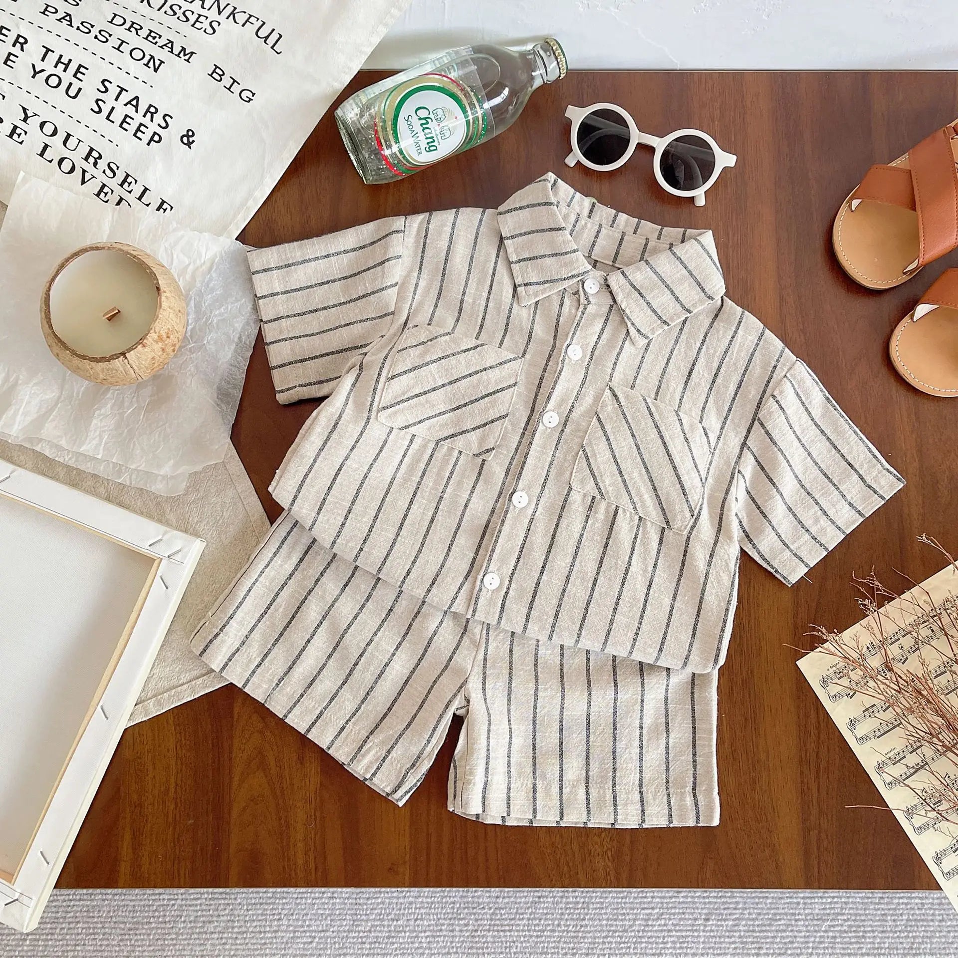 Set Children Unisex Summer New Style Cotton Stripe Pocket Shirt Polo Collar Shourts Fashion Casual Brief Versatile Korean
