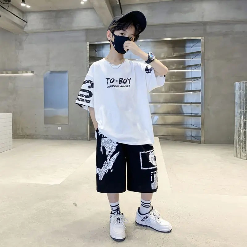 Boys Summer Trendy Casual Sports 2pcs T-shirts+Pants Suits 3-14 Years Teenage Boys Hip Hop Style Fashion Outfits Clothes Sets (Available)