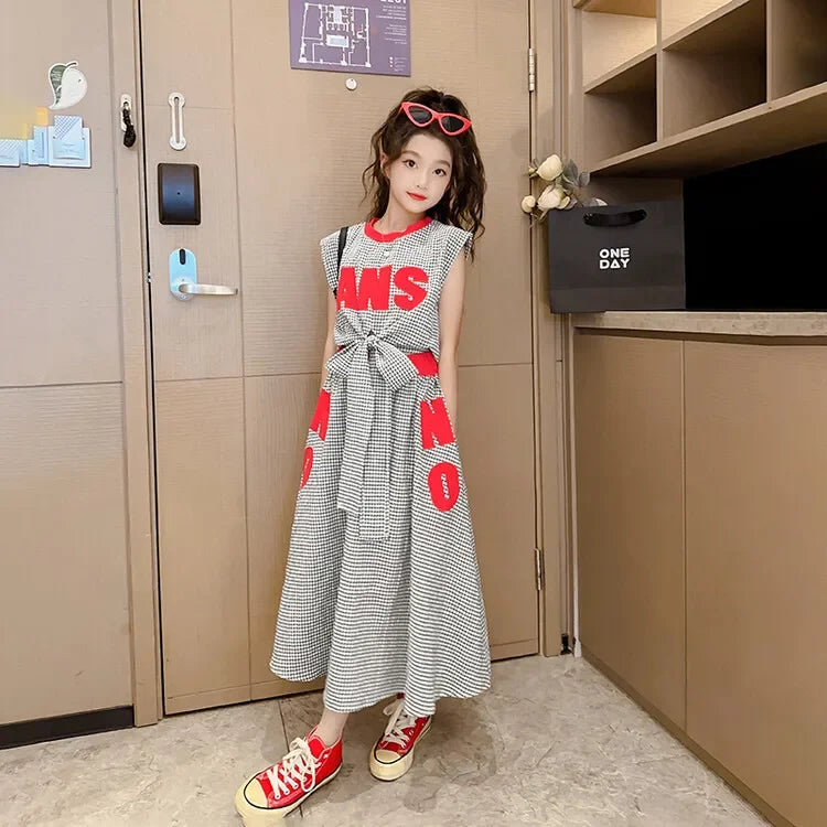 Girls Clothes Summer Kids Fashion Letter Vest + Skirt 2pcs Set Children Clothing Suit Teen Girl Plaid Bowknot Sleeveless Outfits