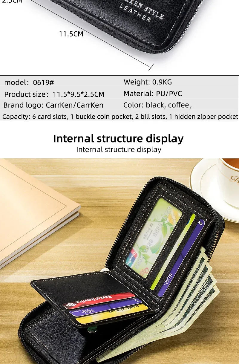 Leather Men's Wallet Luxury Mens Purse Male Zipper Card Holders with Coin Pocket Rfid Wallets Gifts for Men Money Bag