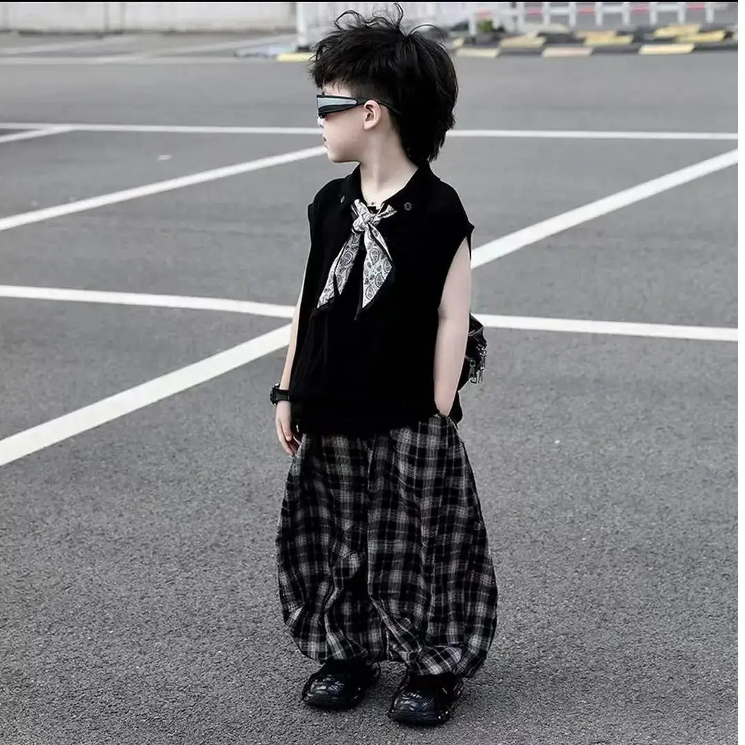 Summer Baby Boys 2Pcs Sleeveless Lapel T-shirt Top+ Thin Grid Pants Suit Children Outfit Fashion Casual Sets Handsome Clothes