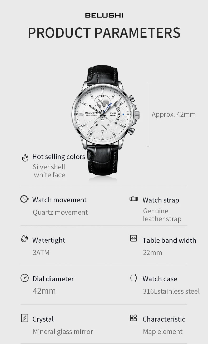 Mens Watches Waterproof Chronograph Sports Watches Men Quartz Wristwatches Brand Luxury Leather Watch For Men Casual Business