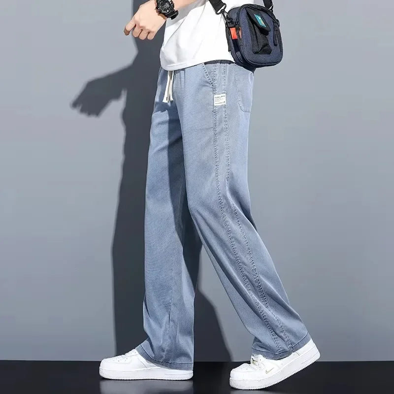 2025 New Summer Soft Lyocell Fabric Men's Jeans Thin Loose Straight Pants Drawstring Elastic Waist Korea Casual Trousers (Available)