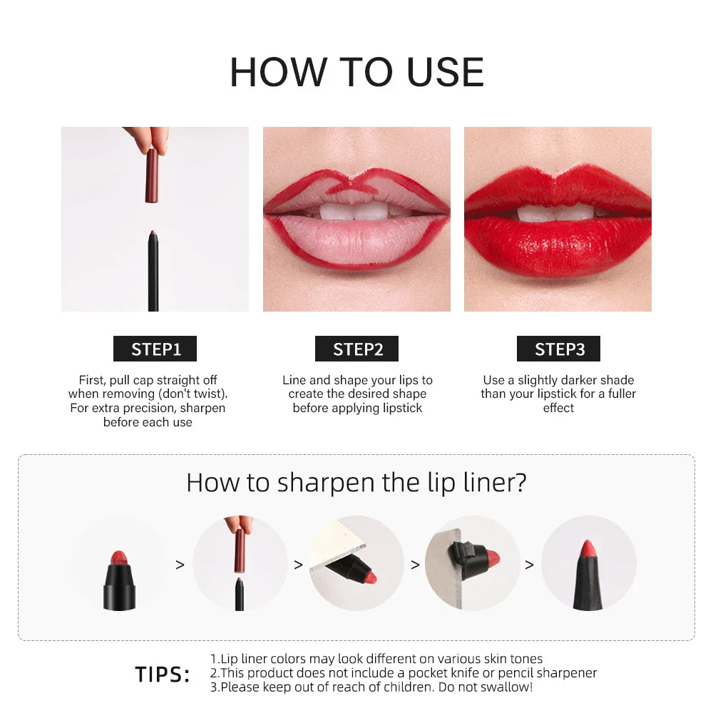 Lipliner Pencil Waterproof Matte Red Contour Tint Lipstick Long Lasting Non-stick Cup Moisturising Lips Makeup 12 Colors