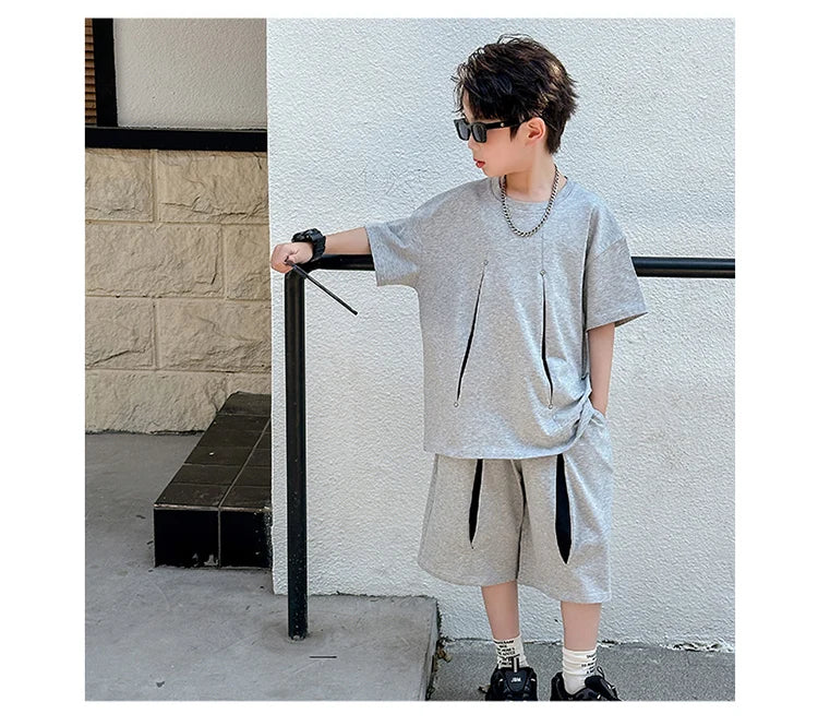 American Kids Design Double Cotton Gauze Clothing Set For Teenage Boy Casual Summer Top and Bottom Clothes Set Child Tracksuit