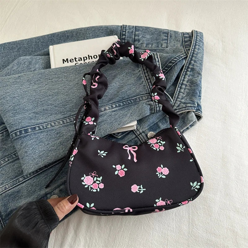 Women's Bags  Summer Nylon Pleated Handbags Armpit Bag Korean Floral Bow Printed Zipper Tote Bag Female Small Shoulder Bags