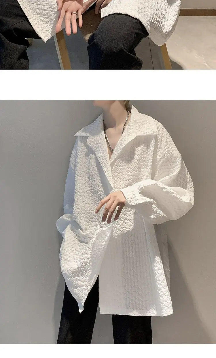 Men's White Textured Oversized Long Sleeve Shirt Loose Casual Wrinkle Fabric Button Down Blouse Fashion Streetwear Tops