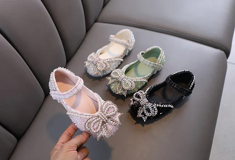 Girls Shoes Bling Single Shoes for Stage Performance Mary Janes Bow Crystal Glitter Wedding Flats Dance Party Leather Shoes New