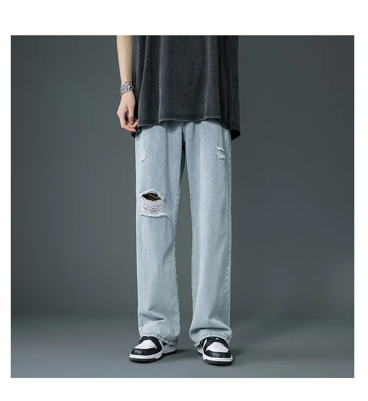 Ripped Jeans Men Ins Trendy Straight Leg Loose Wide Leg Pants High Waist Floor Mopping Denim Pants Versatile Casual Pants Men's