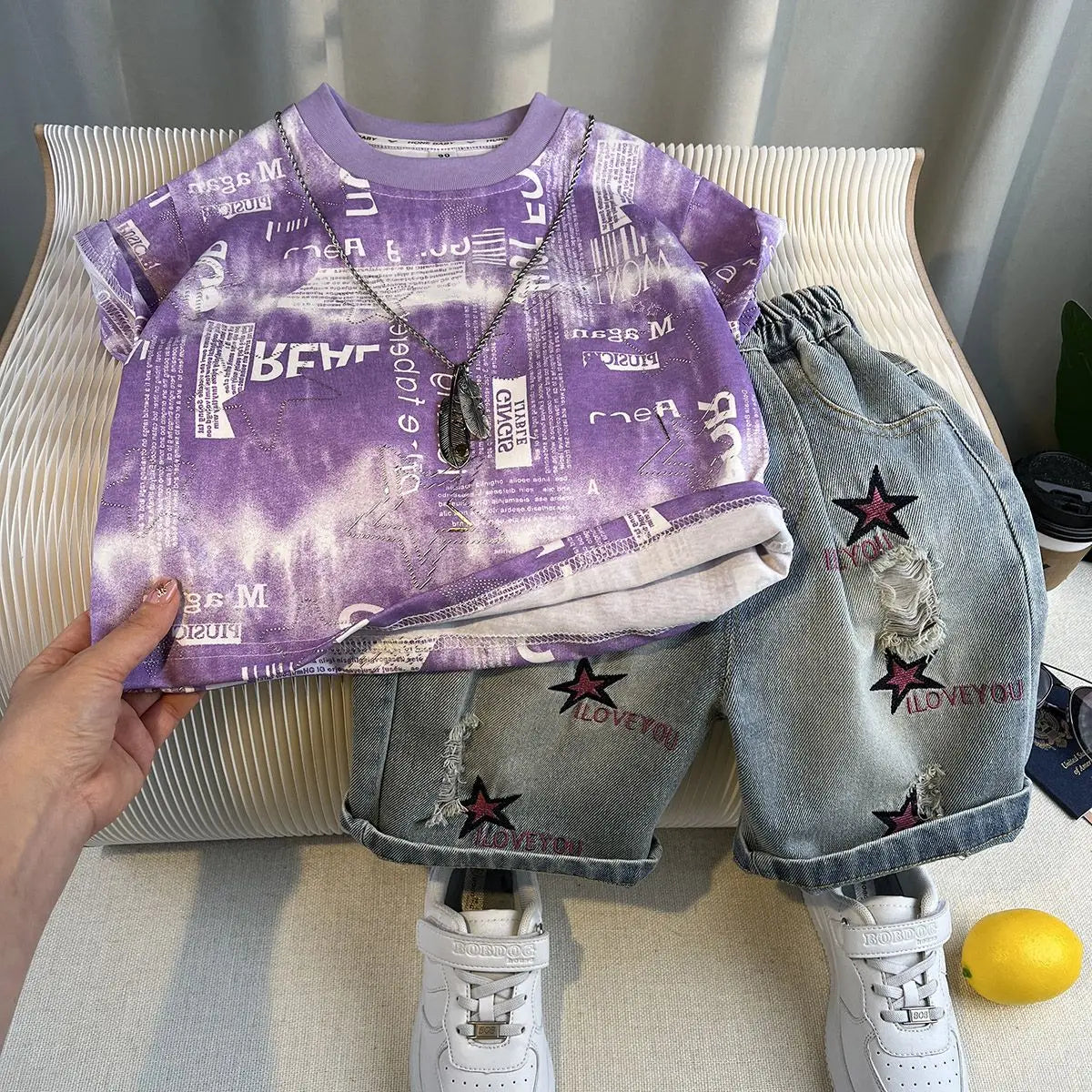 New Boys Fashion Summer Cotton Letter Printing T-shirts+Graffiti Denim Shorts 2pcs Set Kids Korean Outfits Sets Children Clothes