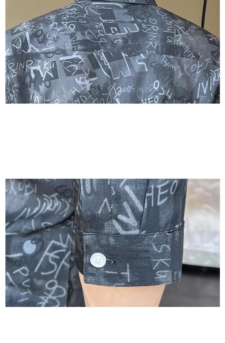 Men's Stylish 3/4 Sleeve Shirt English Letter Print Casual Turn-Down Collar Summer Fashion Breathable Loose Fit Top