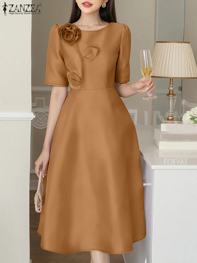 Woman Party Dresses Shiny Satin Round Neck Short Sleeve Fabric Flower A-line Robes Femme Fashion Midi Vestidos