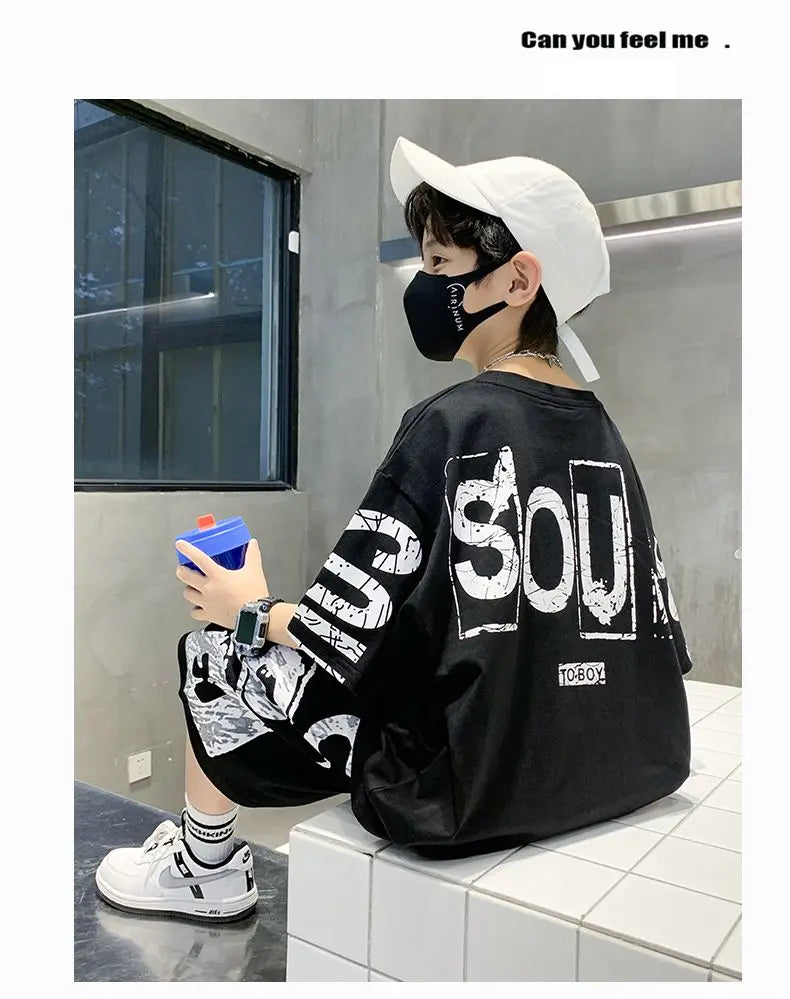 Boys Summer Trendy Casual Sports 2pcs T-shirts+Pants Suits 3-14 Years Teenage Boys Hip Hop Style Fashion Outfits Clothes Sets (Available)