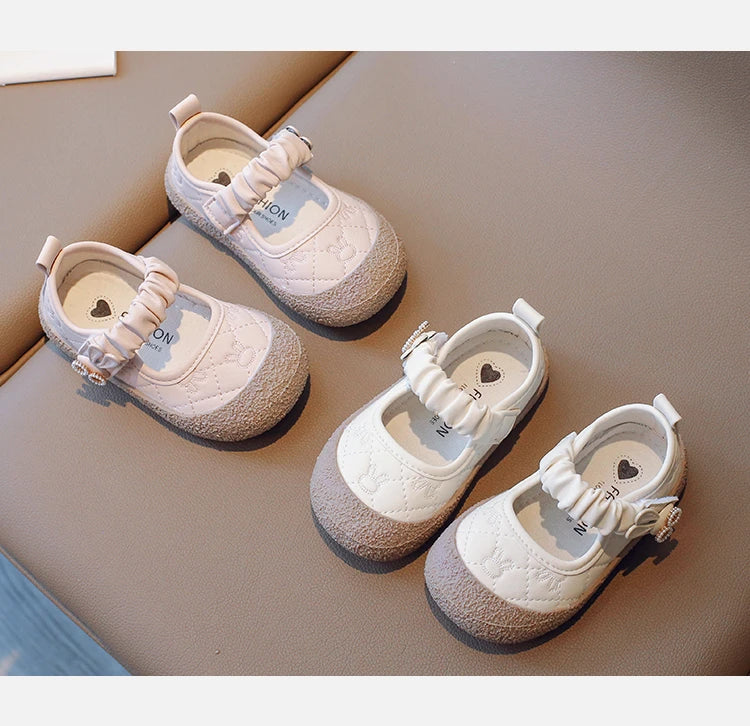 Girl's Mary Janes Cute Flat Sewing Pu Leather Little Children Leather Shoes Pu 21-30 Hook-loop Anti-slip Lovely Kids Spring Shoe