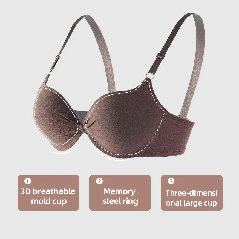 Women's Sexy Cotton Gathered Bra Deep V Underwire Ladied  Brassiere Push Up Lingerie Solid Bras Backless Intimate Underwear (Available)