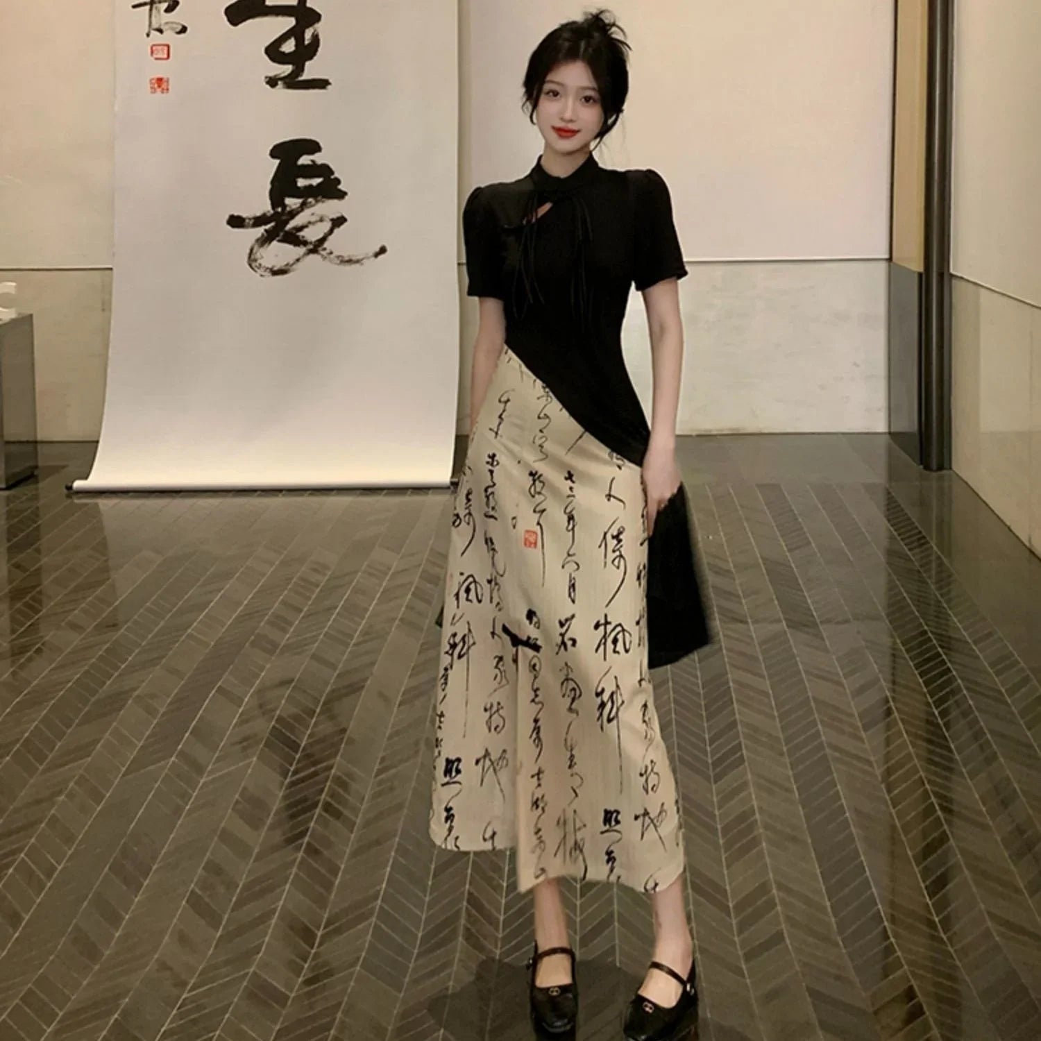 New Chinese Style High Grade Irregular Calligraphy Half Body Dress Fashion Qipao Two Piece Set Skirt Women's Summer Hanfu Suit