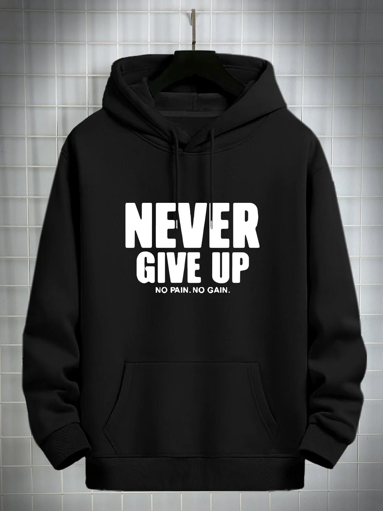 Men'S Hoodie Never Give Up Print Casual Fleece-Lined Pullover Kangaroo Pocket Stylish Streetwear Fall Casual Wear Hoodie