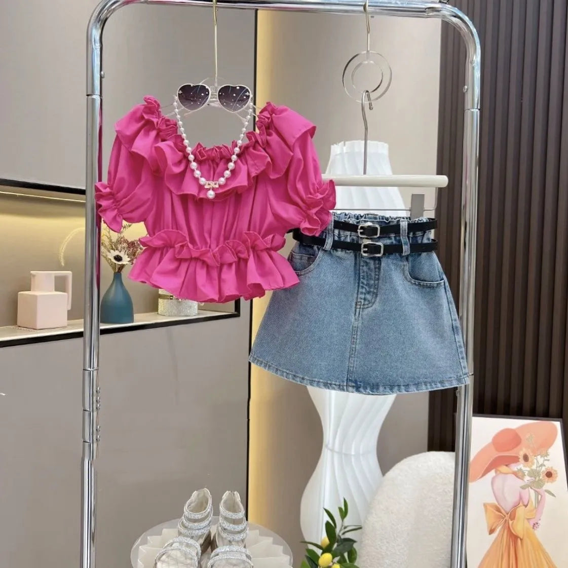 Girl's Clothing Sets Fashion Ruffled Top Short Sleeved T-shirt+ Baby Kids Denim Half Skirt Two-piece Set with Belt Included