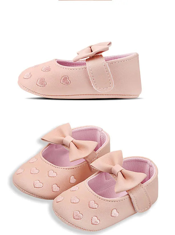 Baby Shoes Classic Dress Cute Bow-knot Heart Anti-slip Soft Sole First Walkers Infant Baby Girls Toddler Shoes 0-18m