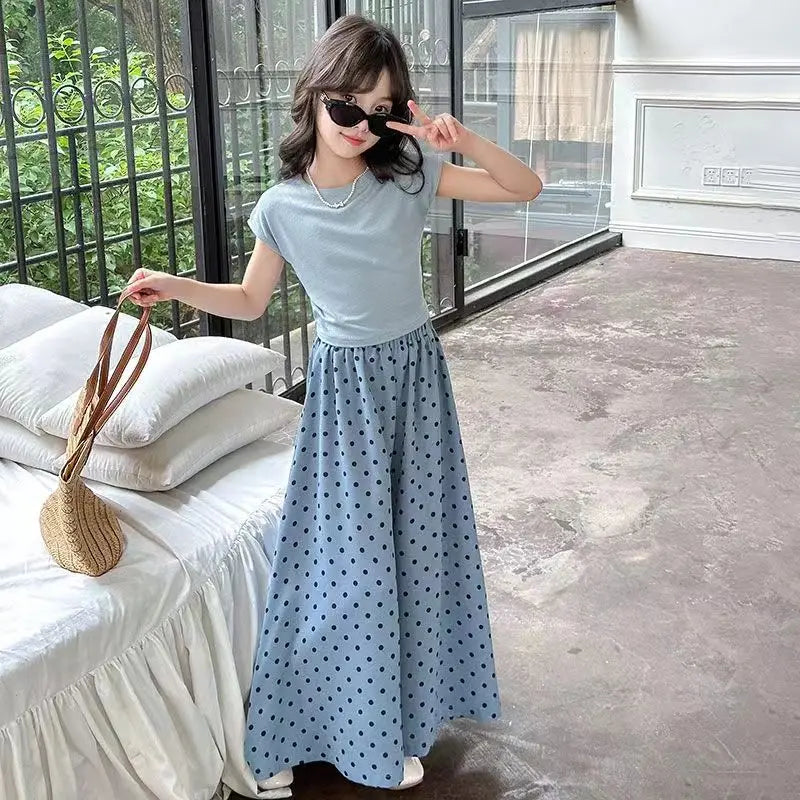 Girls set, summer children's fashion clothing, little girl wide leg pants, Korean version two-piece set, 4-12 years old