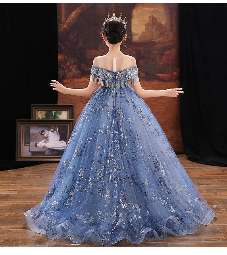 Girl Elegant Off Shoulder Dress Fashion Runway Show Luxurious Princess Dresses for Girls Birthday Party Long Kids Vestidos (Available)